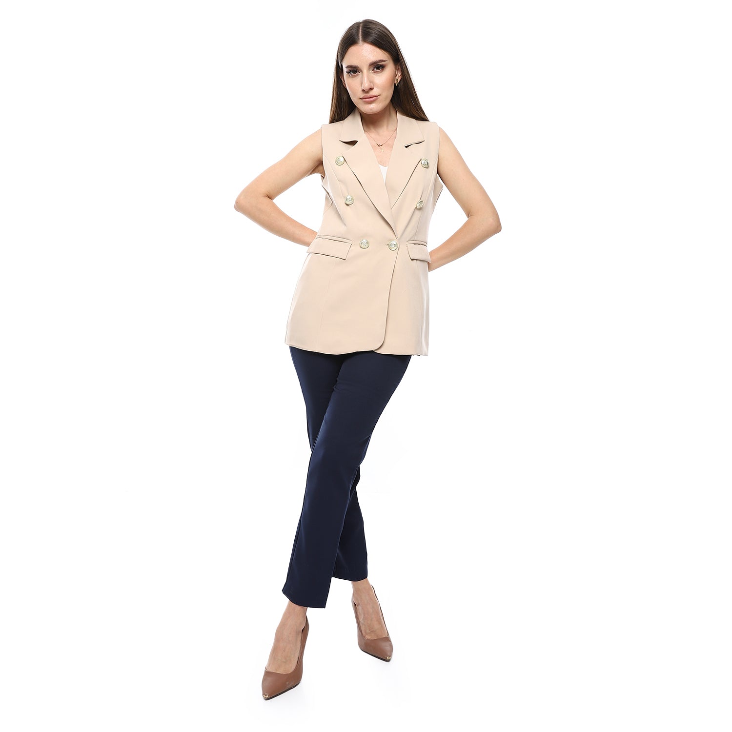 Double-Breasted Sleeveless Blazer – Beige