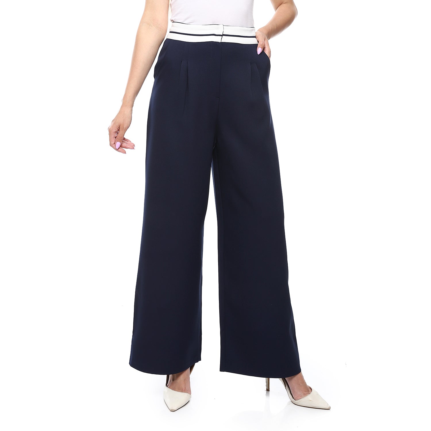 Wide-Leg High-Waist Pants with Trim ƒ?? Navy Blue