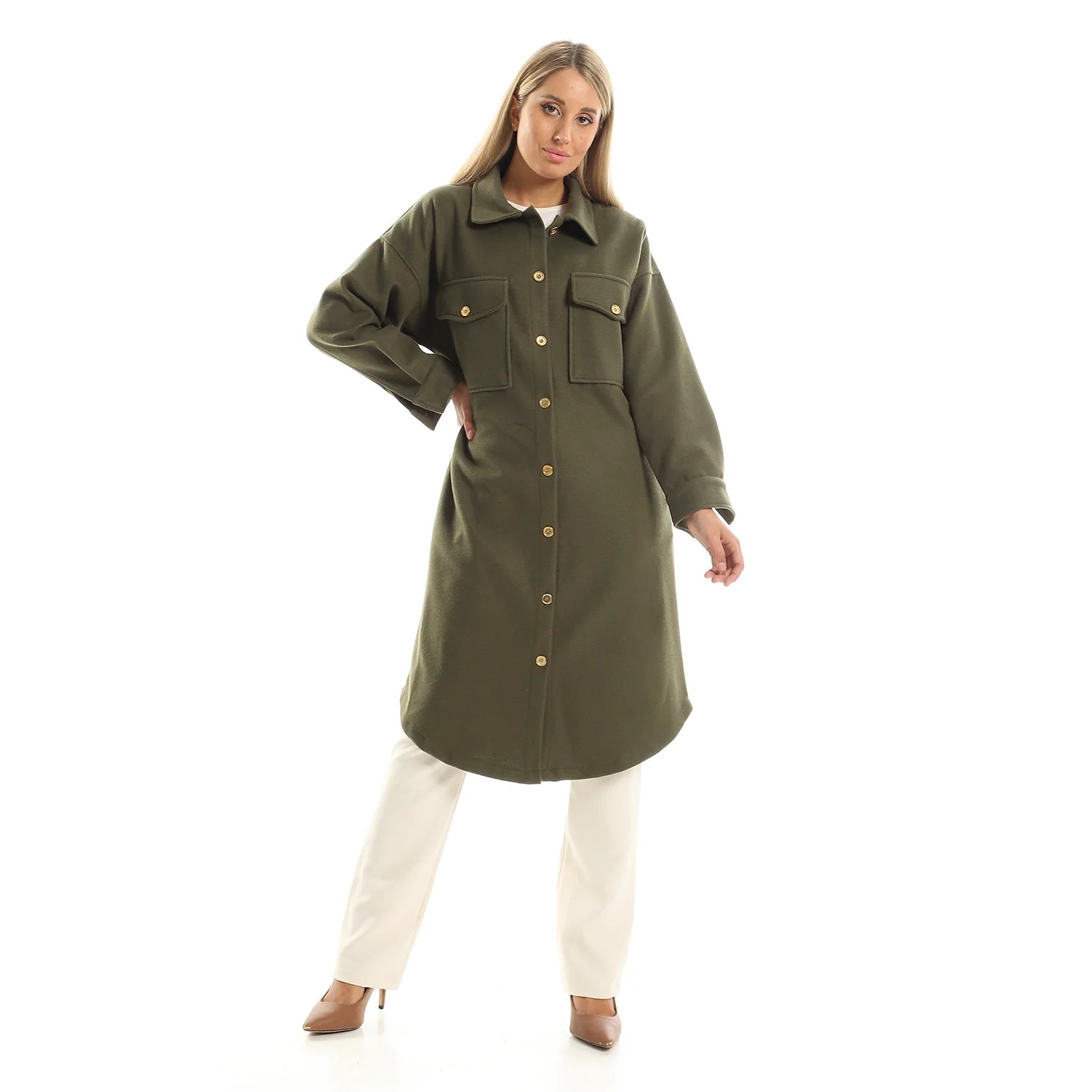 Wool-Blend Winter Shirt Dress - Olive Green