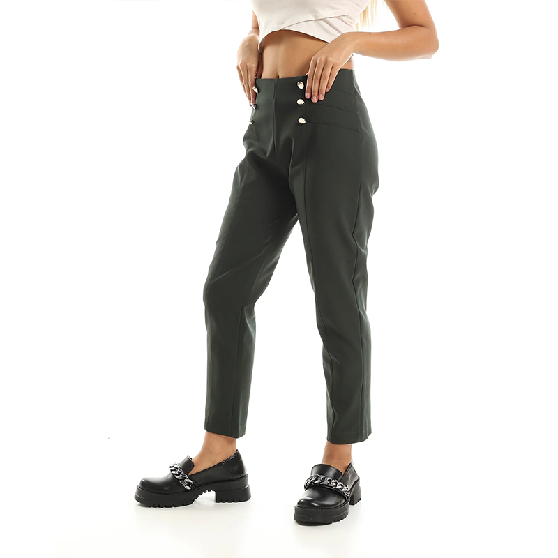 High-Waist Slim Pants - Forest Green