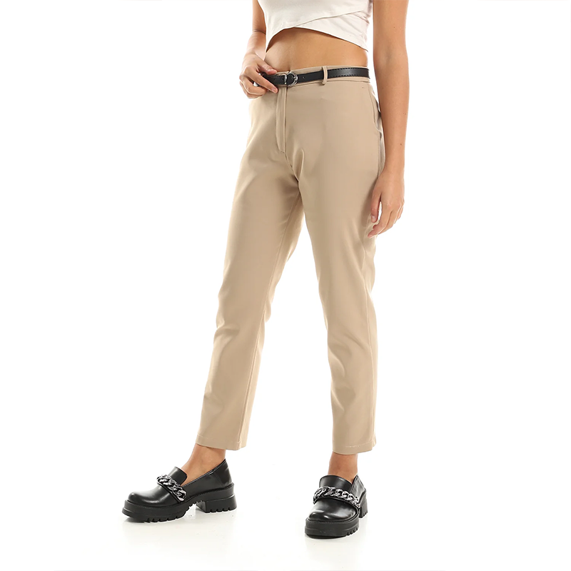High-Waist Belted Pants - Cafe