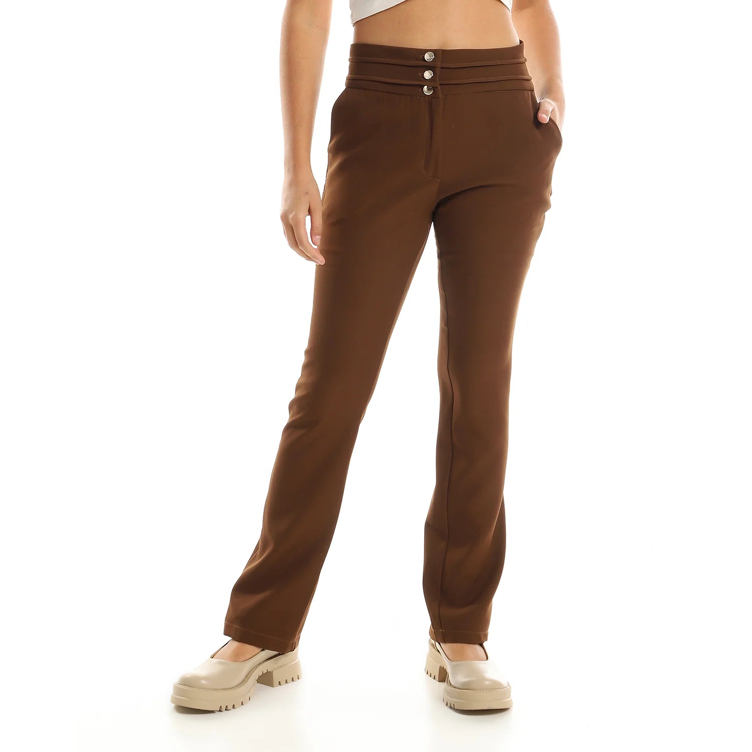 High-Waist Pants with Button Detail - Brown