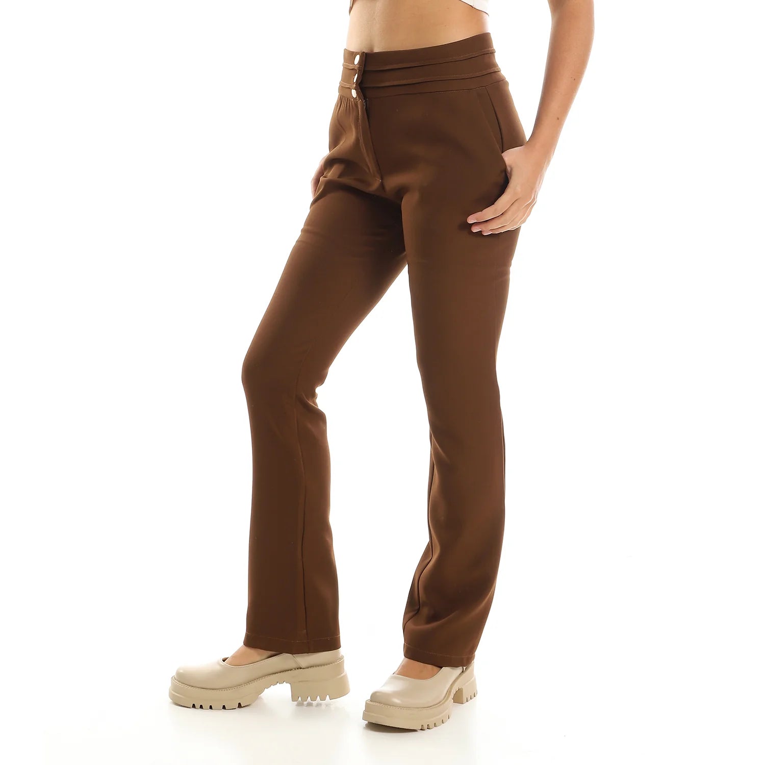 High-Waist Pants with Button Detail - Brown