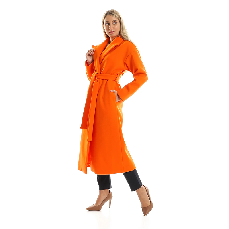 Wool-Blend Maxi Wrap Coat - Orange