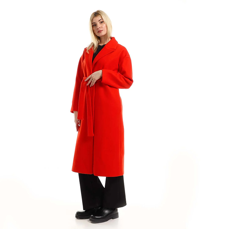 Wrap Belted Long Coat - Red