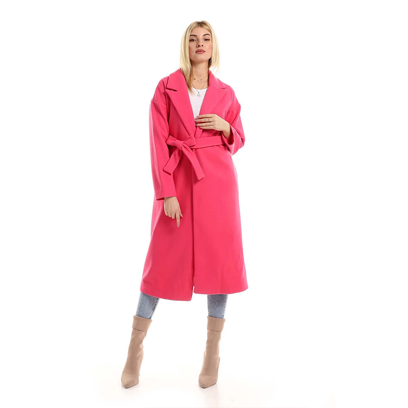 Wrap Belted Long Coat - Hot Pink