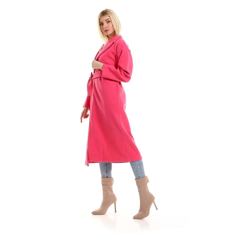 Wrap Belted Long Coat - Hot Pink