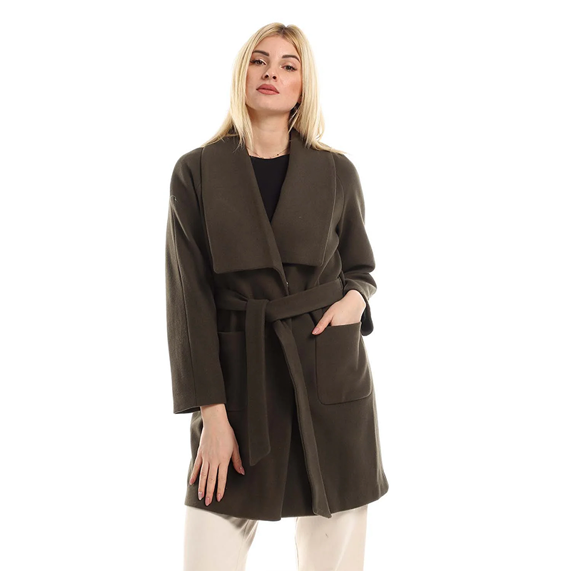 Mid-Length Wrap Belted Coat - Khaki
