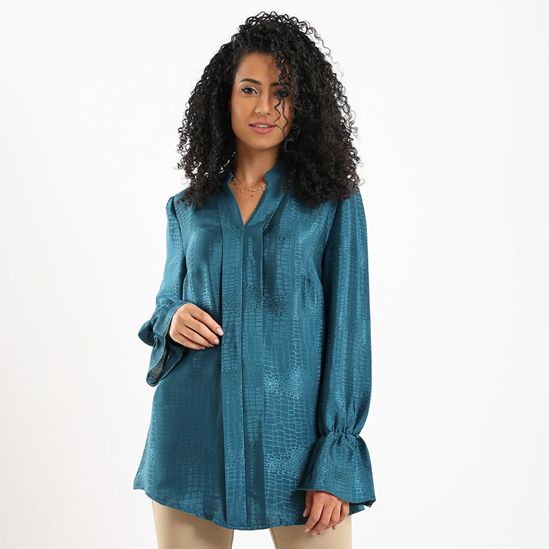 Satin Self-Patterned V-Neck Blouse - Teal