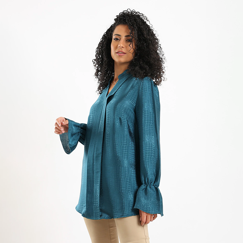 Satin Self-Patterned V-Neck Blouse - Teal