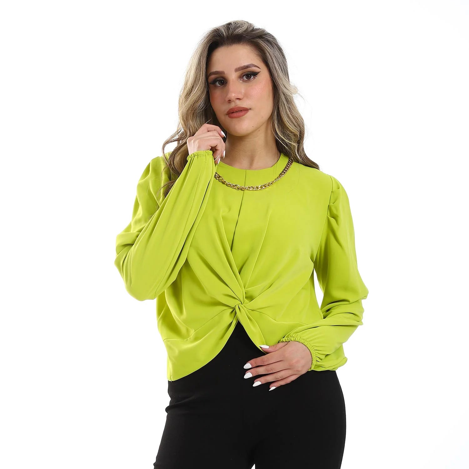 Rayon Twist Front Long-Sleeve Blouse -Neon yellow