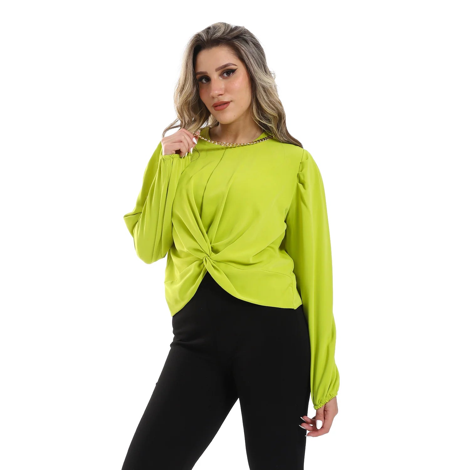 Rayon Twist Front Long-Sleeve Blouse -Neon yellow