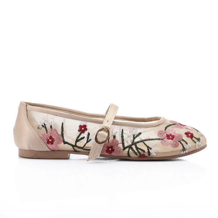 Floral Charm Mary Jane Flats Beige
