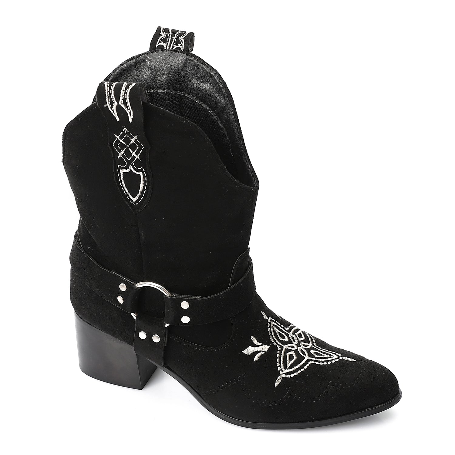 Western-Style Suede Half Boot - Black