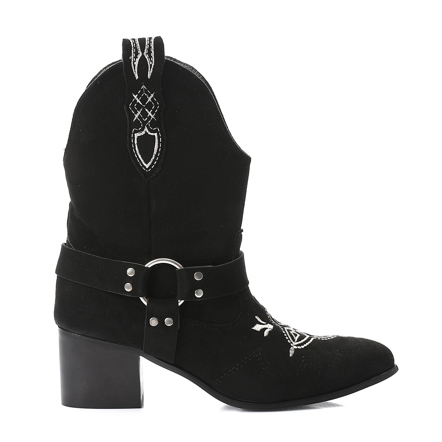 Western-Style Suede Half Boot - Black