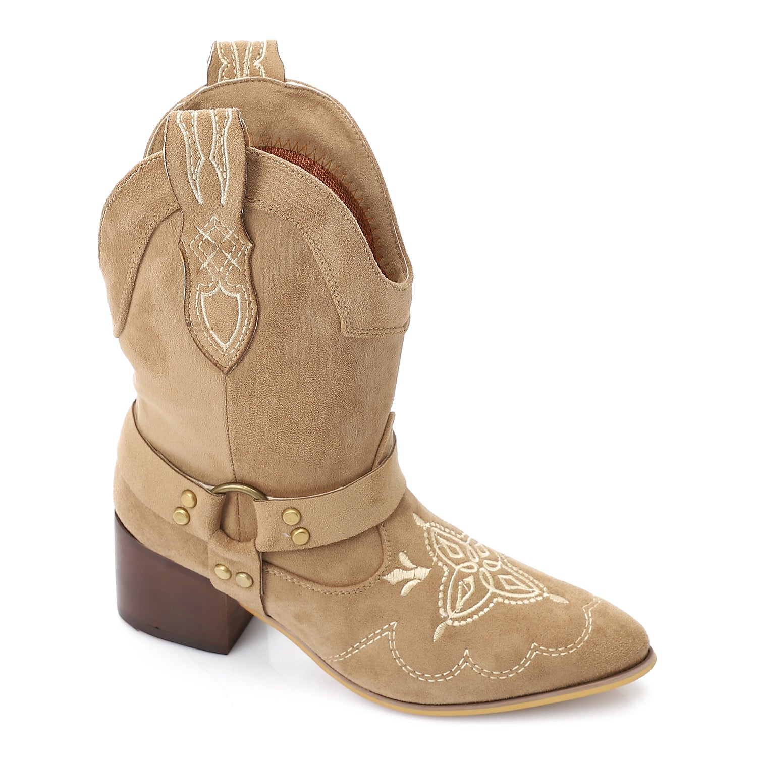 Western-Style Suede Half Boot - Beige
