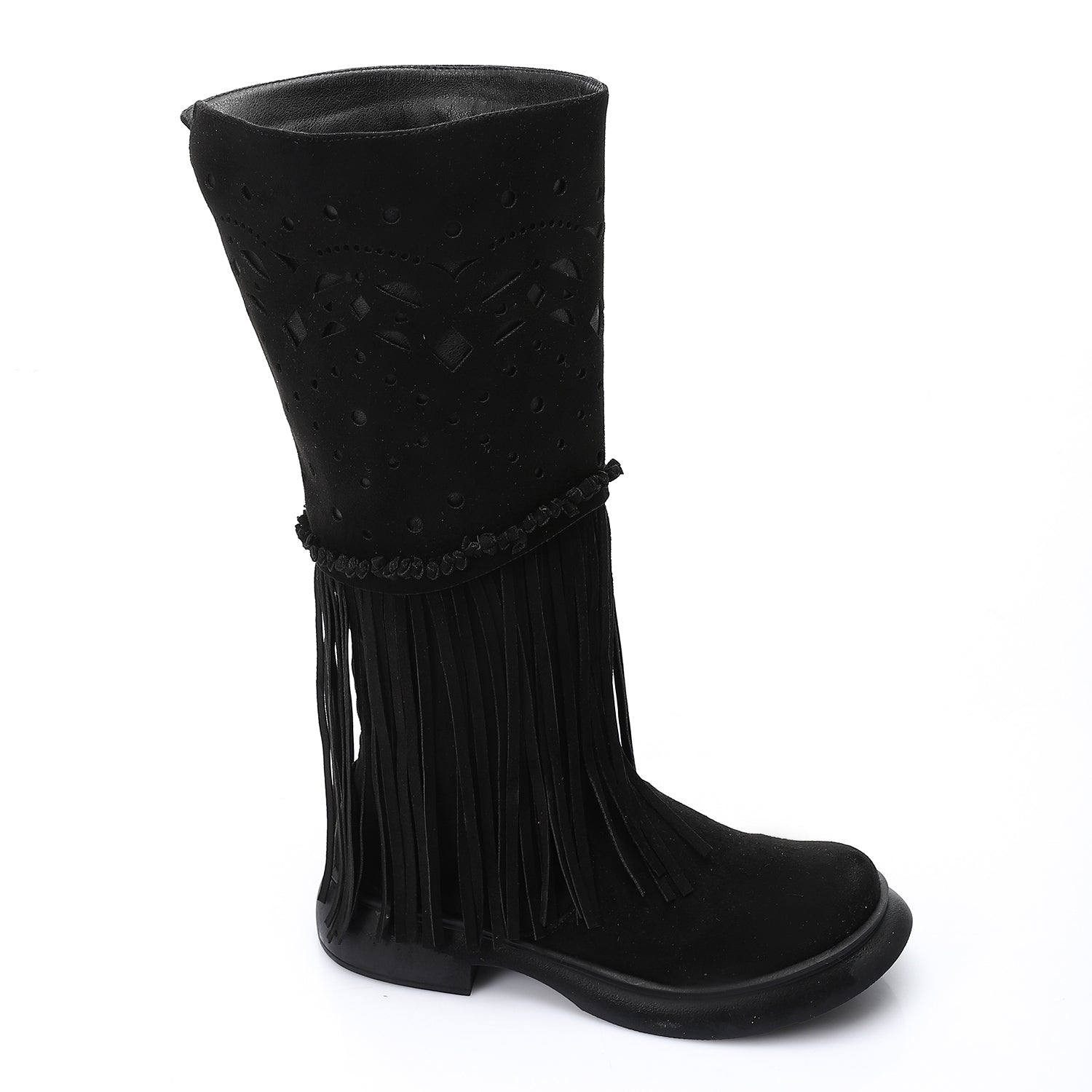 Western Fringe Mid-Calf Boots - Black