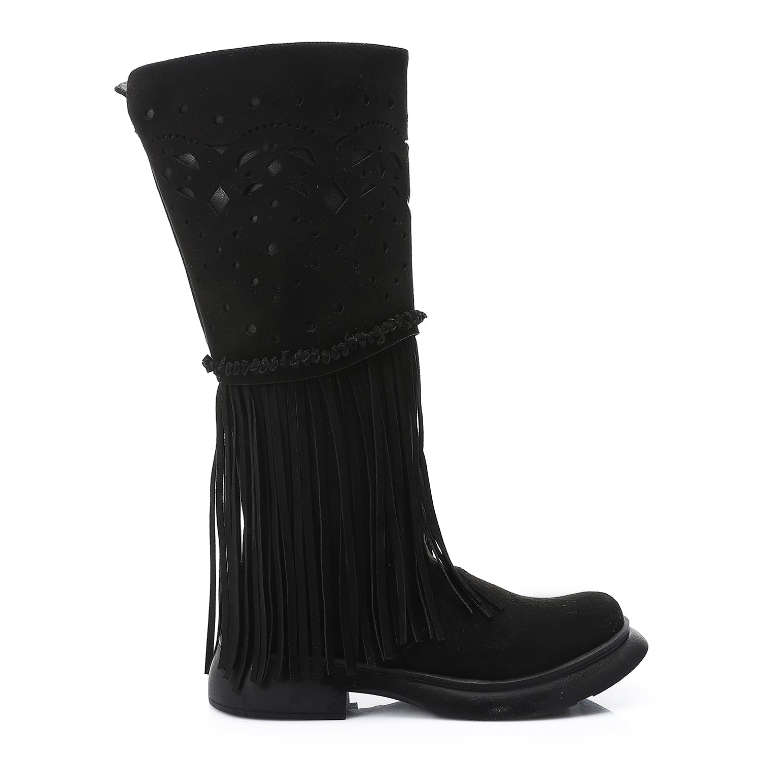 Western Fringe Mid-Calf Boots - Black