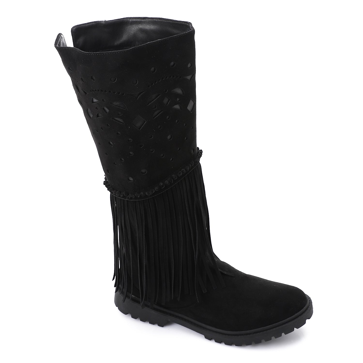 Western Fringe Mid-Calf Boots - Black