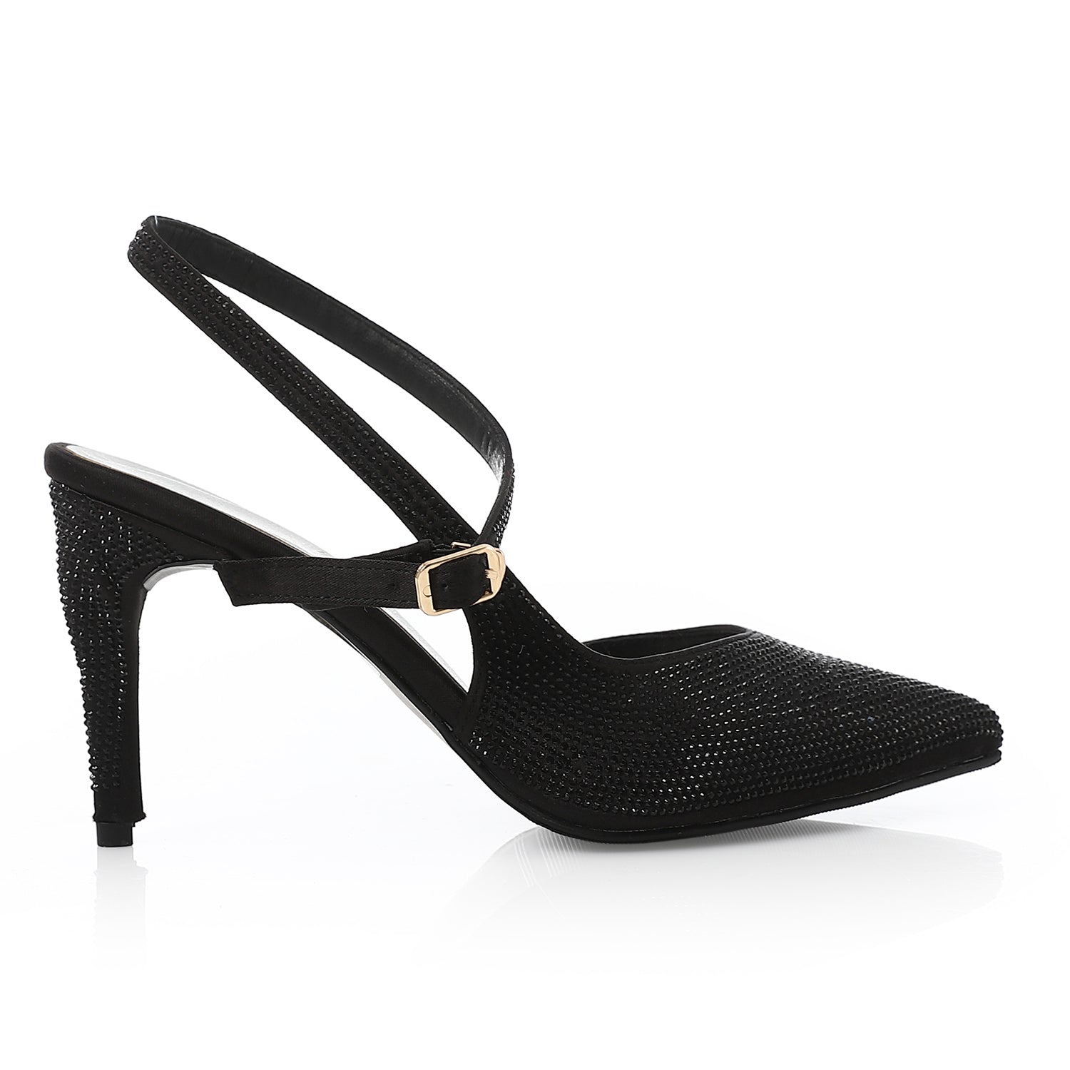 Rhinestone Pointed Toe Slingback Heels Black