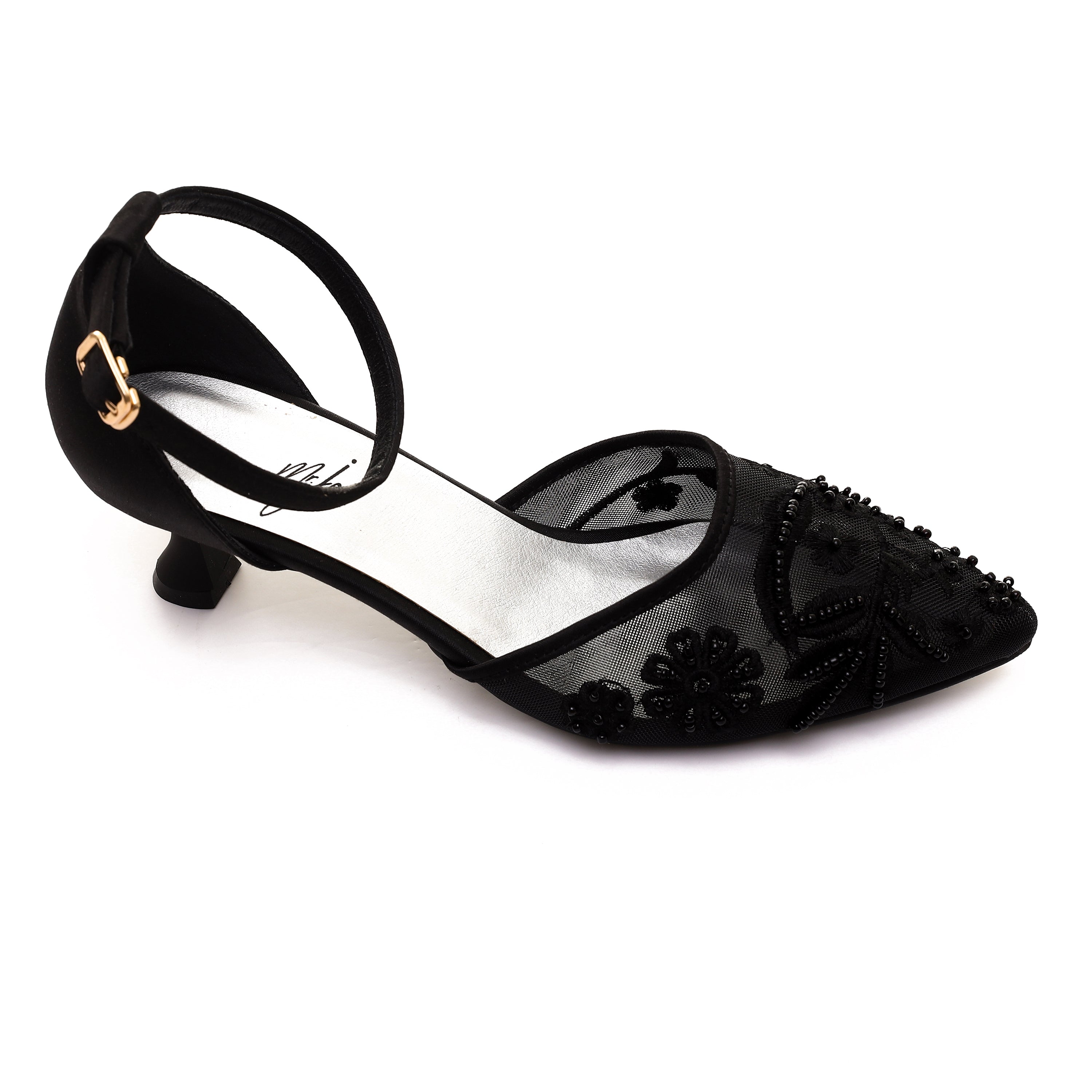 Elegant Black Lace Kitten Heels with Floral Pearl Embroidery