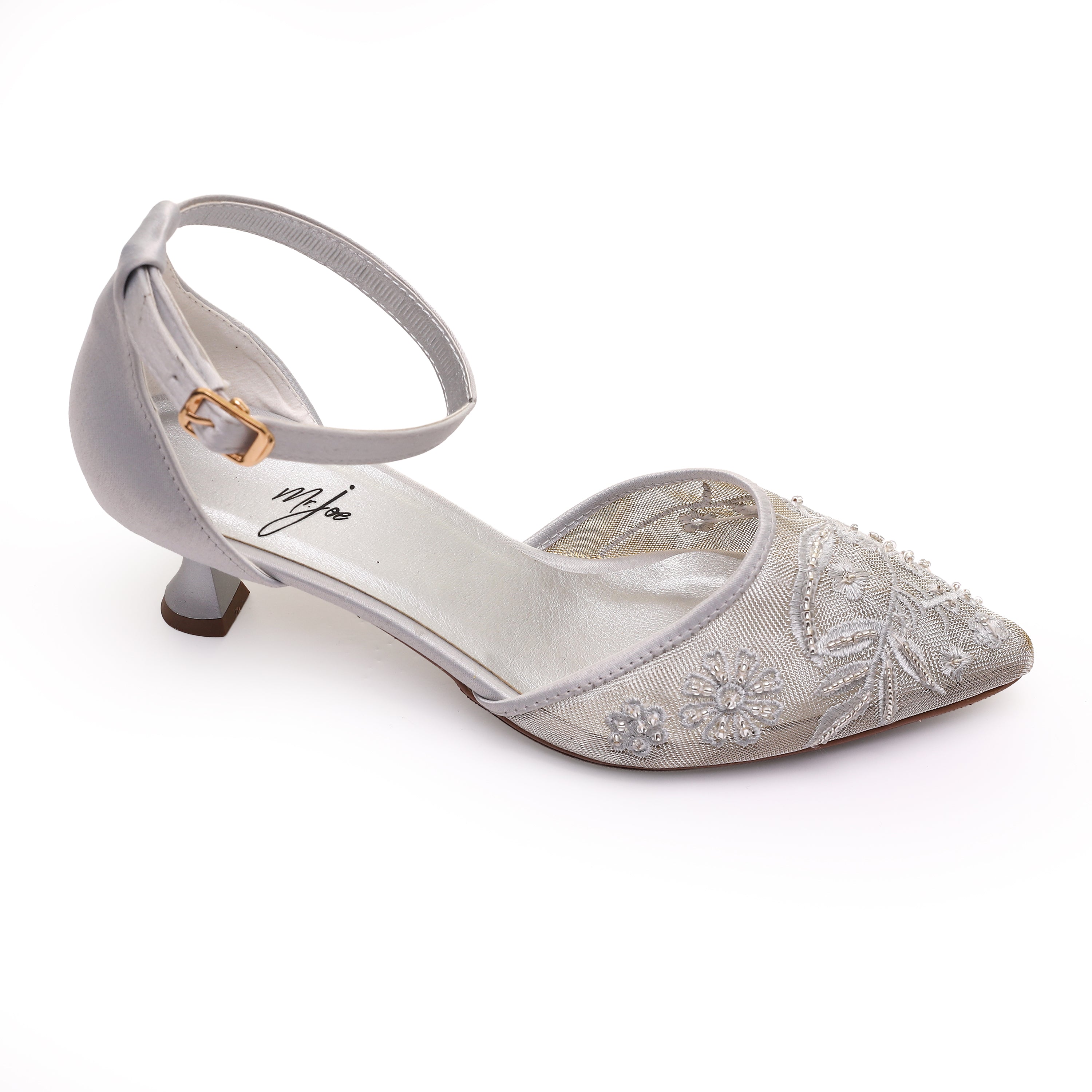 Elegant White Lace Kitten Heels with Floral Pearl Embroidery