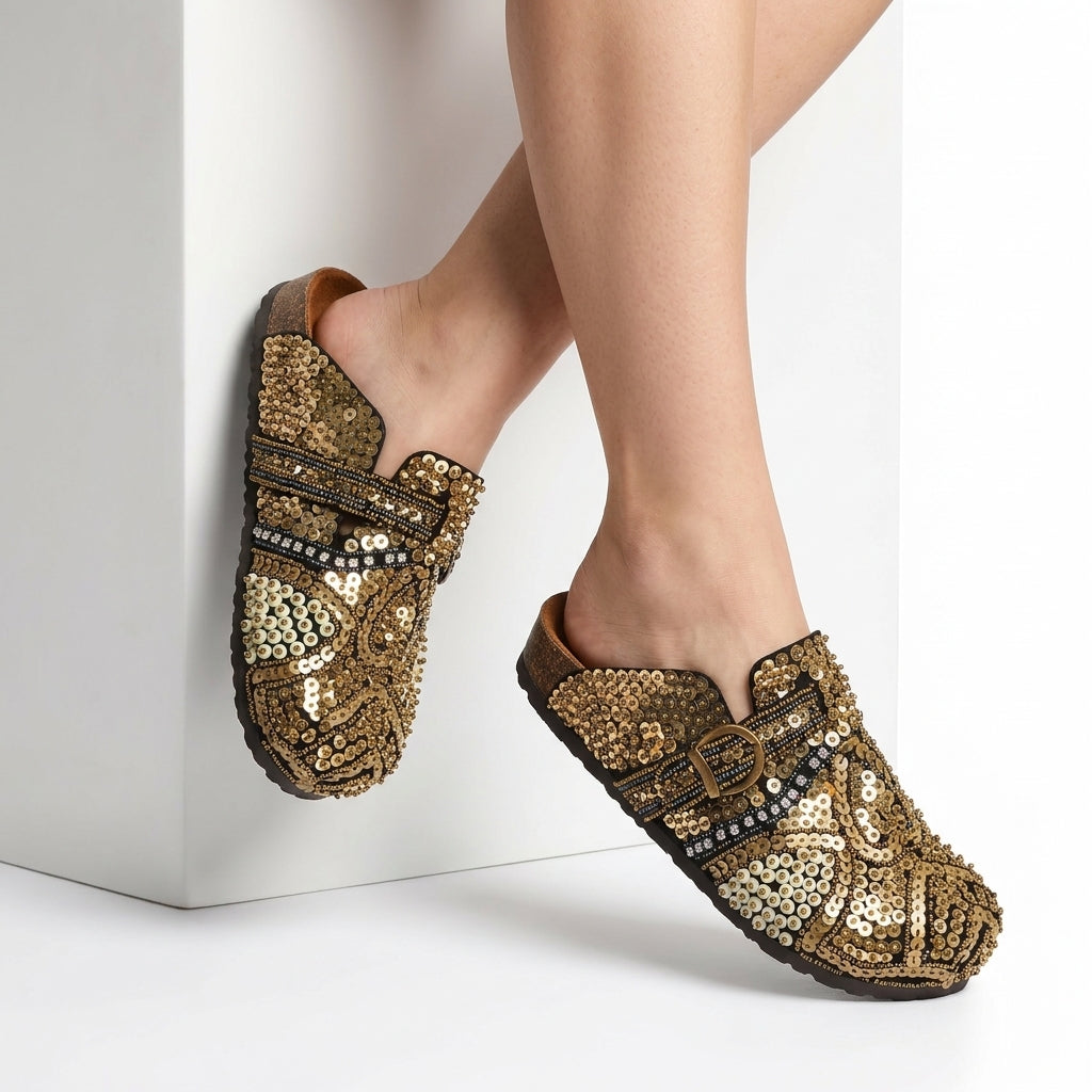 Hand-Embellished Gold Sequin Clogs