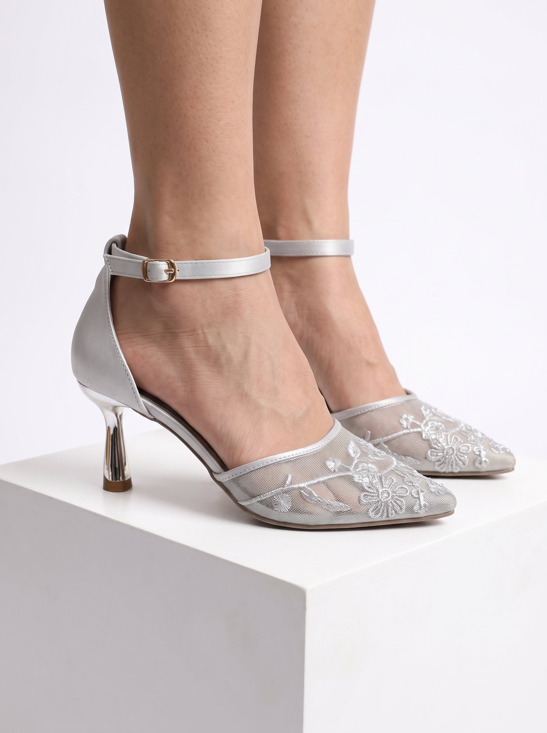 Embroidered Mesh Ankle Strap Heels – Silver