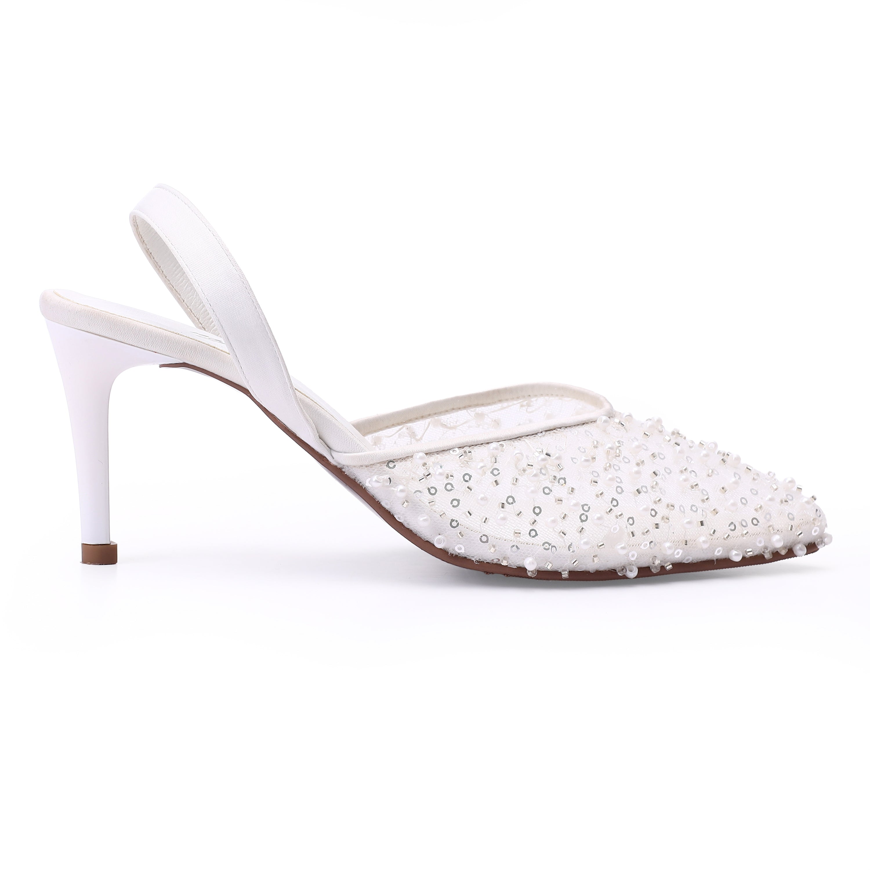 Pearl Embellished Slingback Pointed Toe Heels White
