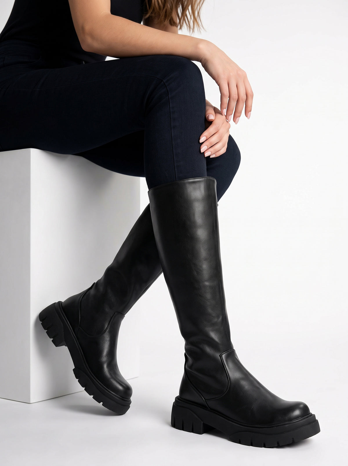 Expandable Wide Calf Leather Knee High Boots