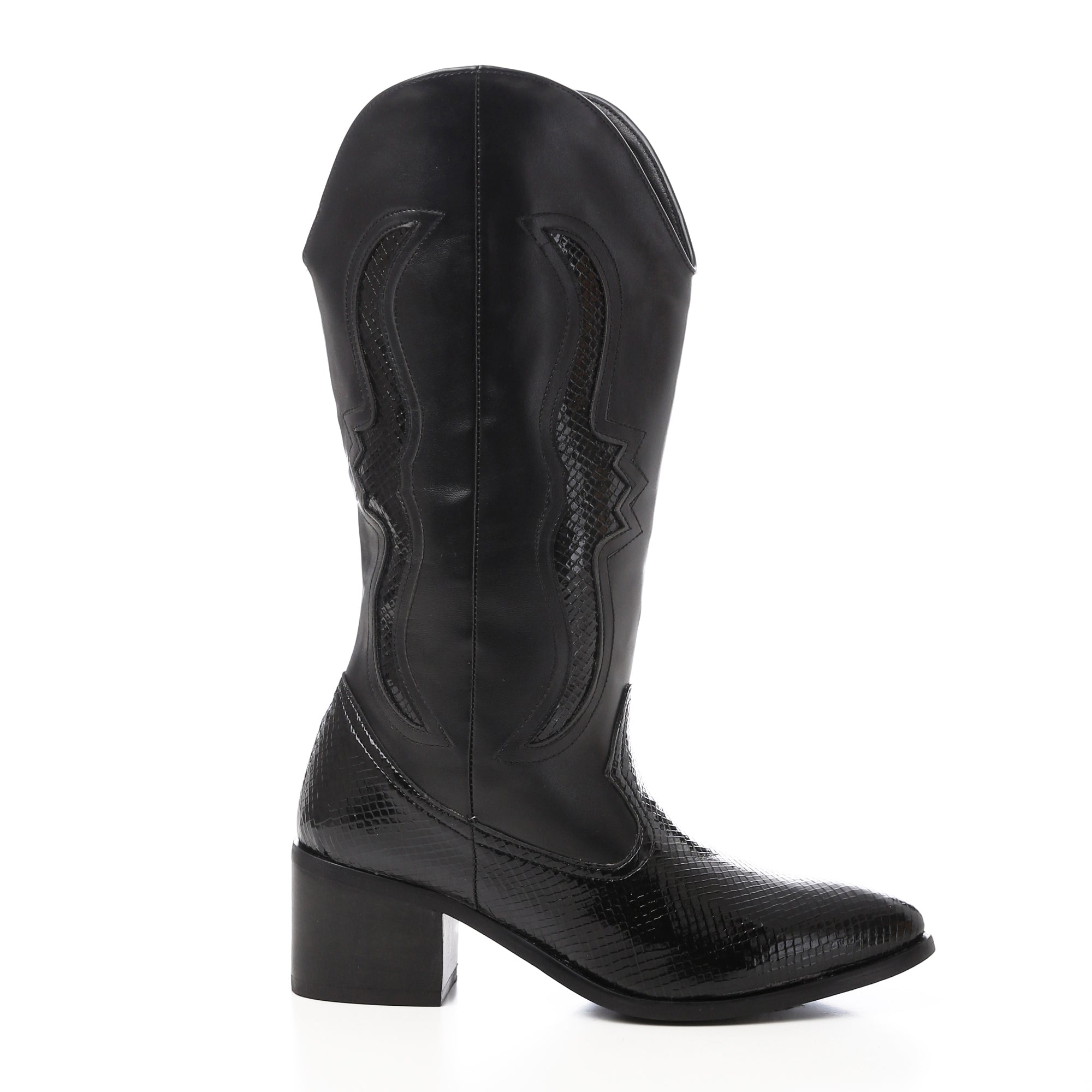 Western Leather Mid-Calf Boots - Black