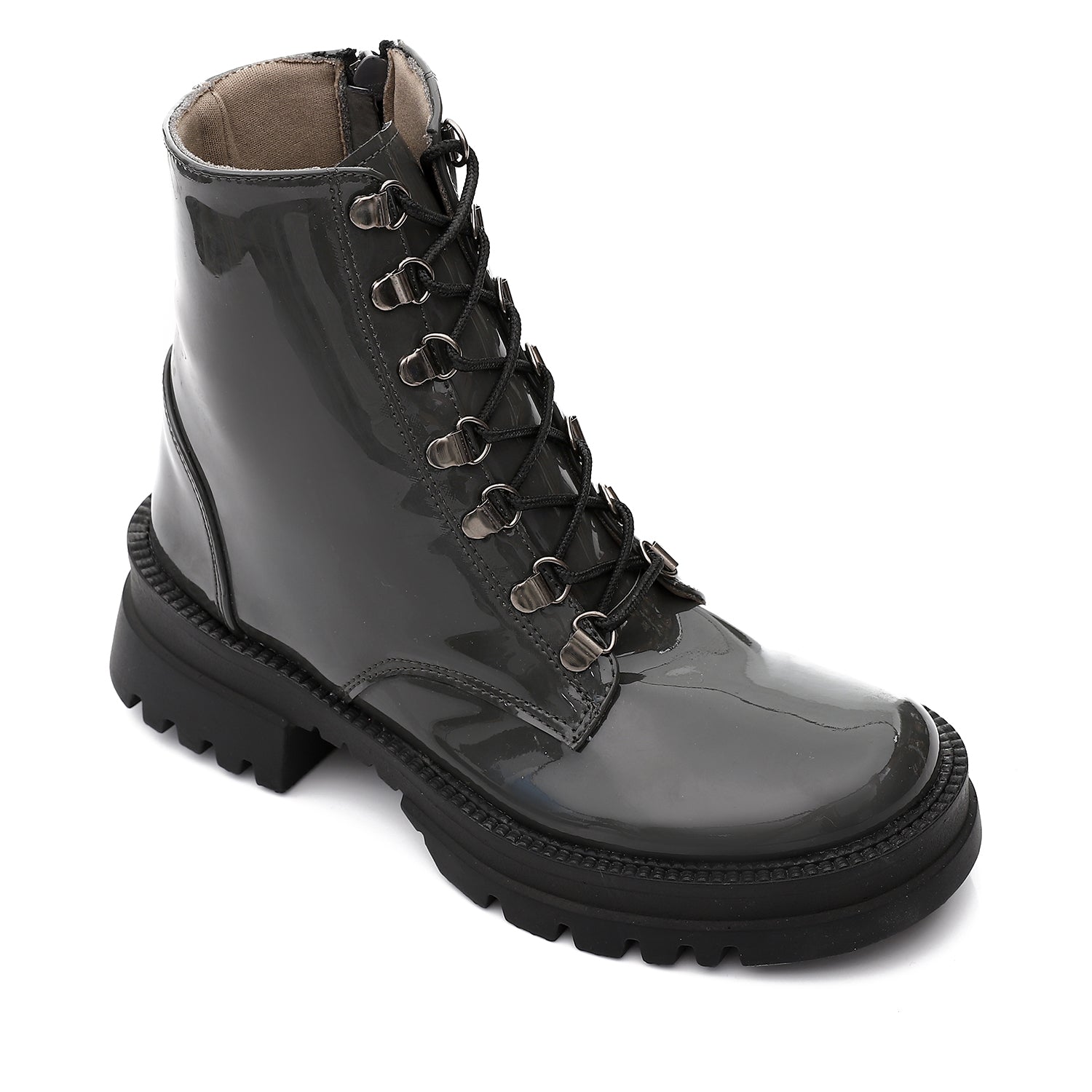 Patent Leather Lace-Up Boots ƒ?? Grey