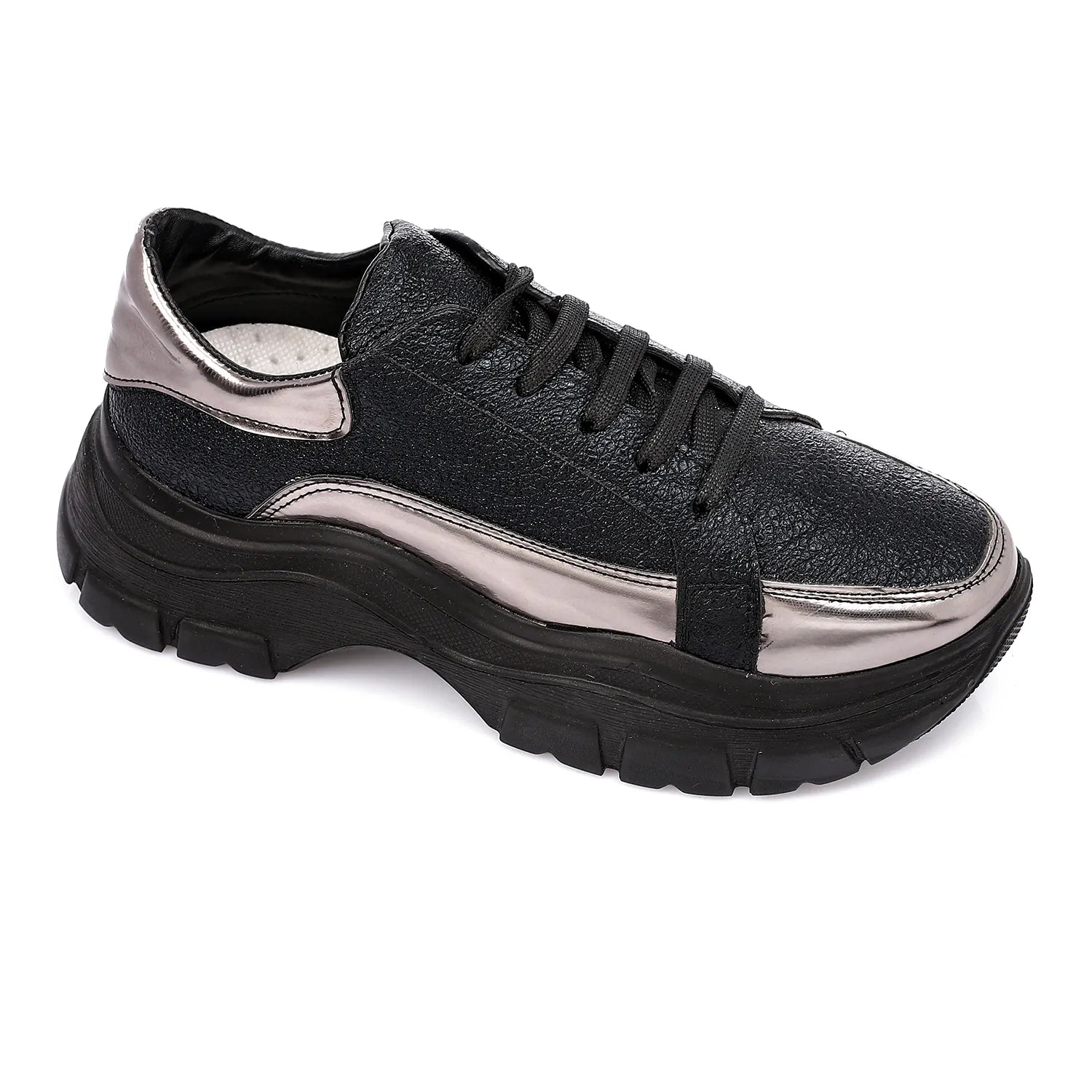 Chunky Leather Sneakers ƒ?? Black & Silver