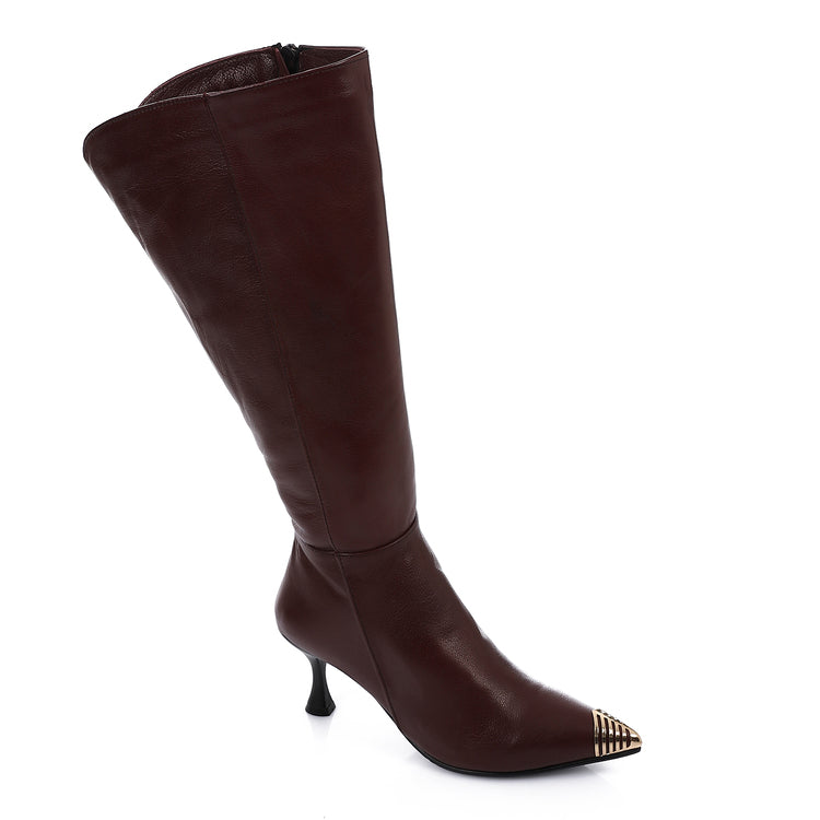Gold-Tip Leather Knee-High Boots Dark Red