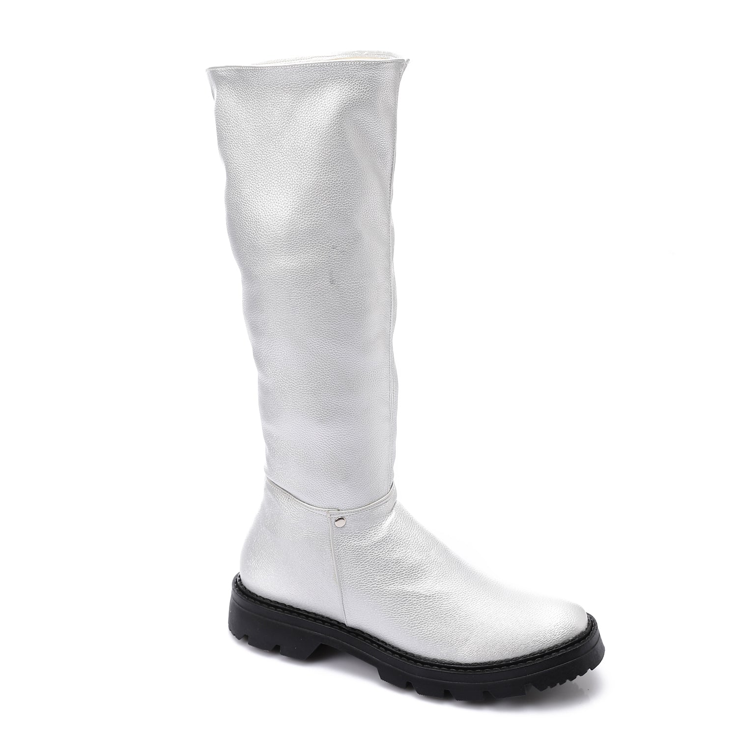 Stretch Faux Leather Knee-High Boots – Silver