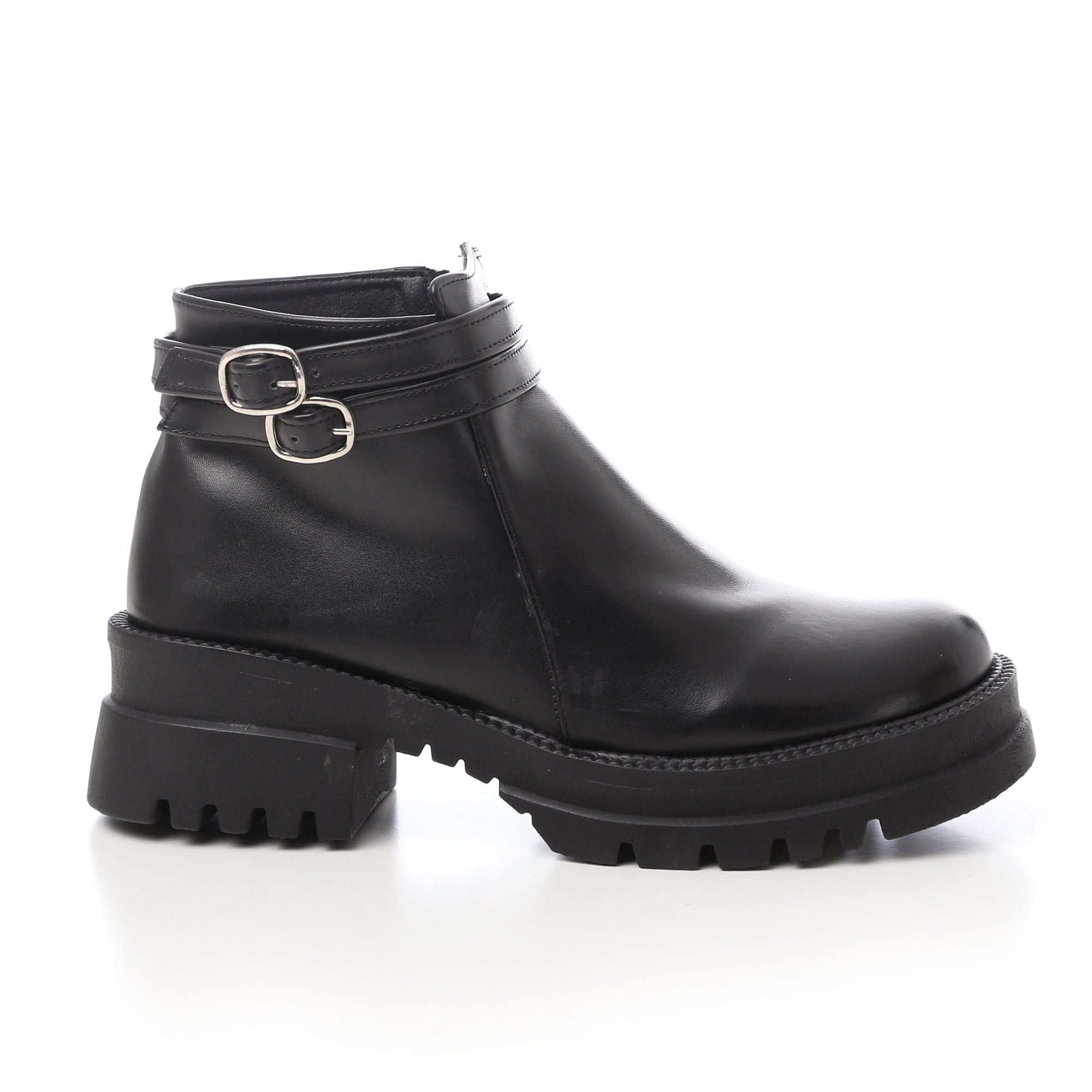 Double Buckle Chunky Leather Boots ƒ?? Black