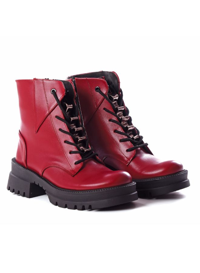 Leather Lace-Up Ankle Boots ƒ?? Red