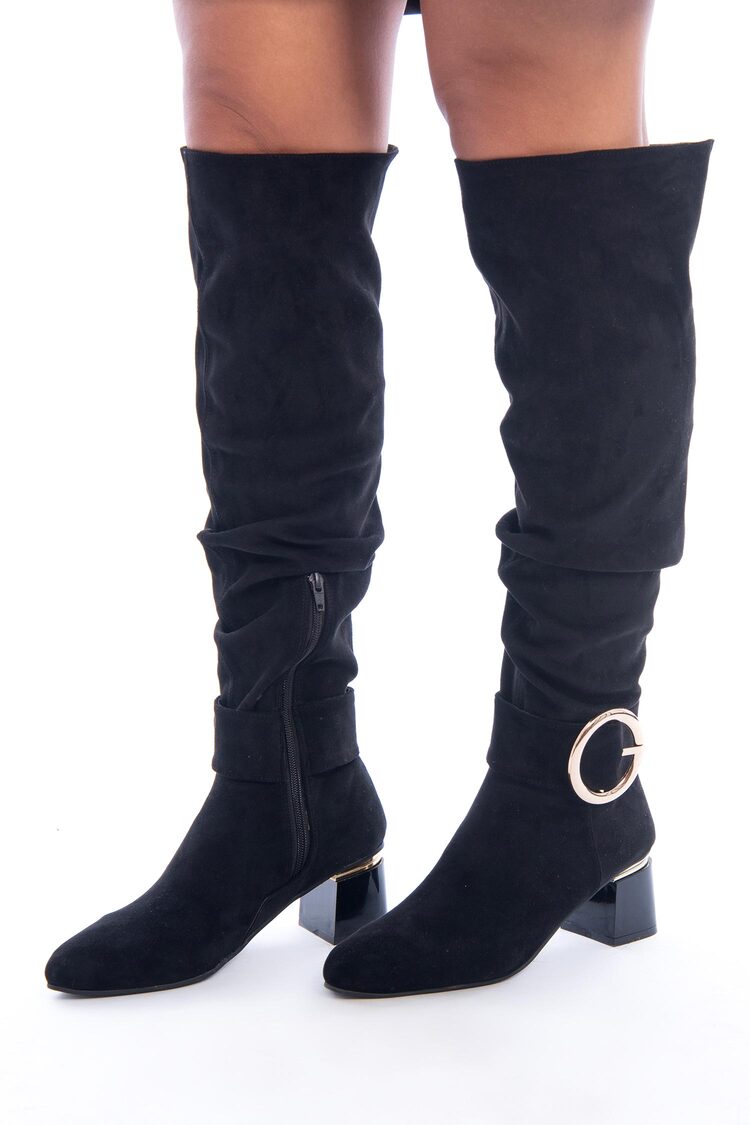 Suede Knee-High Boots with Block Heel ƒ?? Black