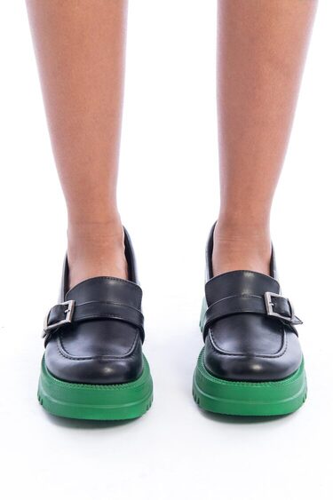 Chunky Faux Leather Loafers with Green Sole – Black