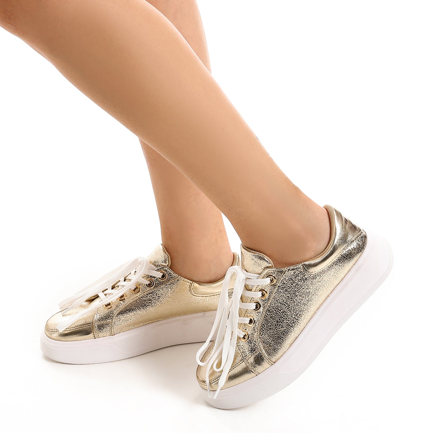 Leather Lace-Up Sneakers ƒ?? Gold