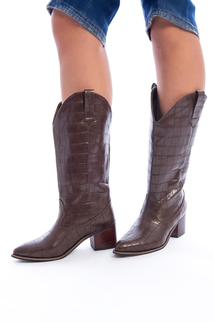 Croc-Embossed Western Boots ƒ?? Brown