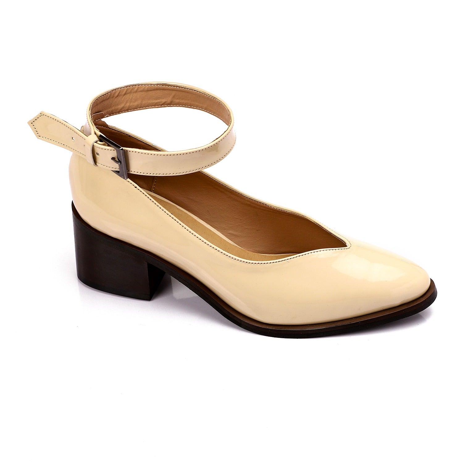 Patent Ankle-Strap Block Heels ƒ?? Beige