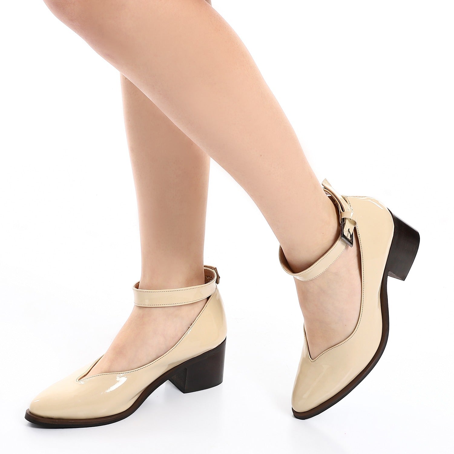 Patent Ankle-Strap Block Heels ƒ?? Beige