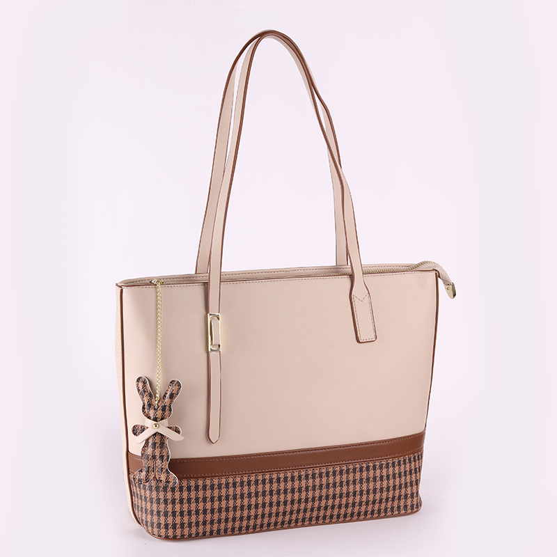 Checkered Panel Shoulder Handbag – Beige & Brown