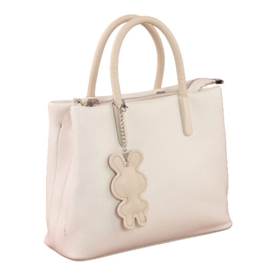 Structured Faux Leather Handbag with Bunny Charm – Beige