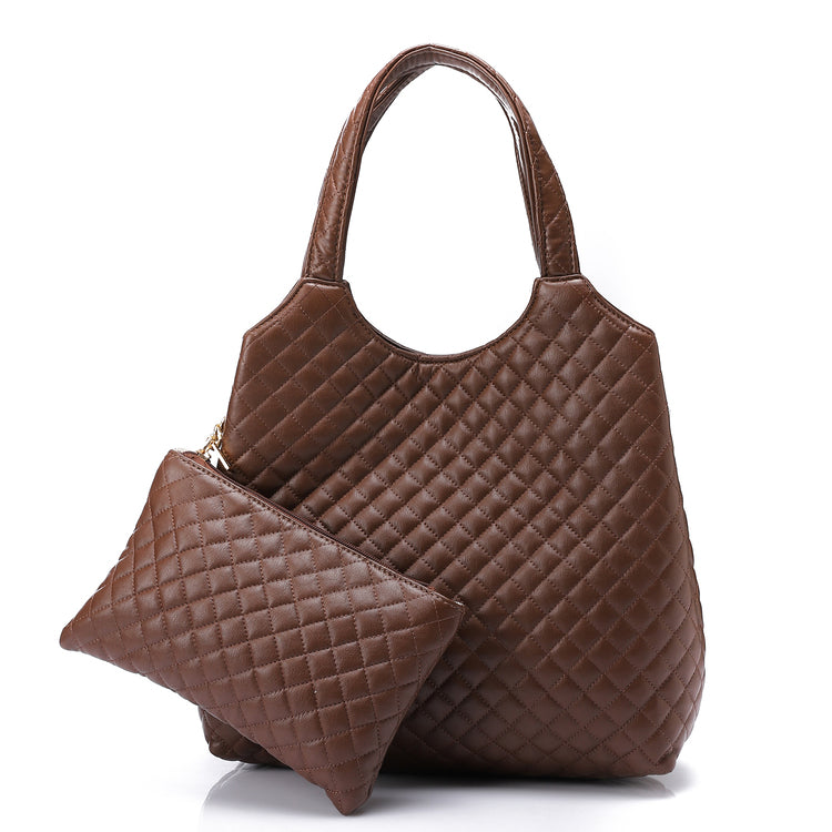 Quilted Faux Leather Tote Handbag with Pouch – Brown