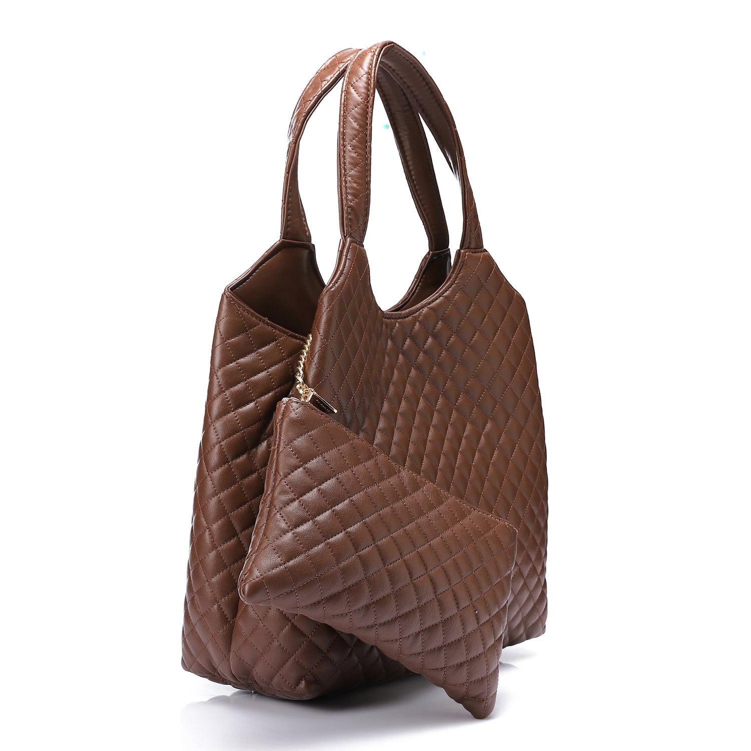 Quilted Faux Leather Tote Handbag with Pouch Brown