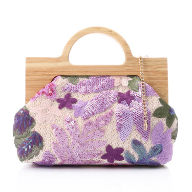 Floral Sequin Wooden Handle Clutch – Multicolor