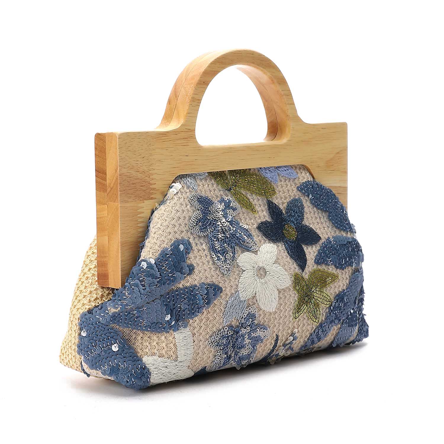 Floral Sequin Wooden Handle Clutch Multicolor