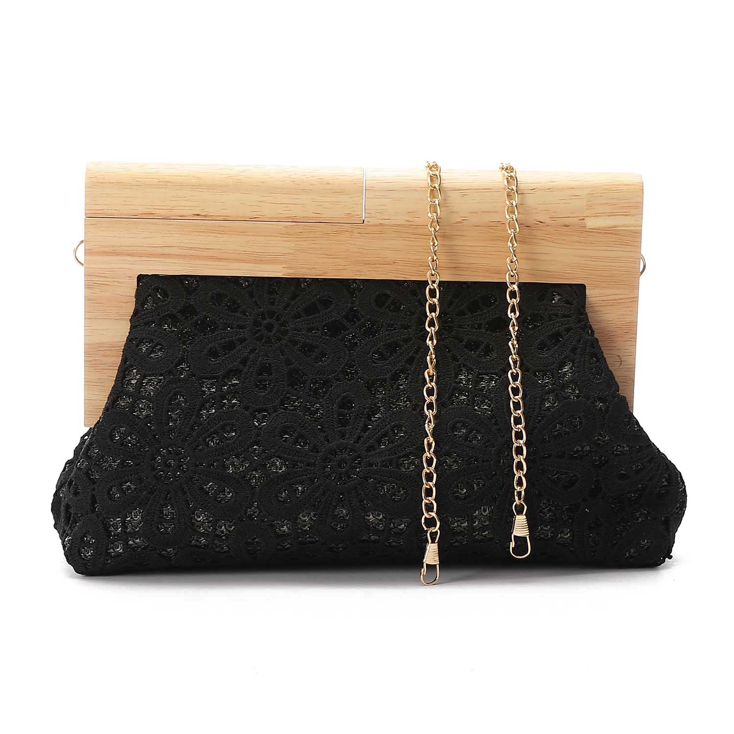 Crochet Floral Wooden Frame Clutch – Black